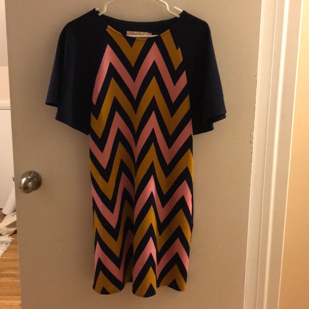 Never-been-worn navy, gold and pink shift dress